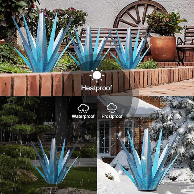 TOMBABY Enlarge Metal Plants Tequila Rustic Sculpture, Outdoor Patio Yard, Home Decor Hand Painted Agave Garden Statue, Outdoor Lawn Ornaments Yard Stakes for Mom Gift (1 Large Blue)