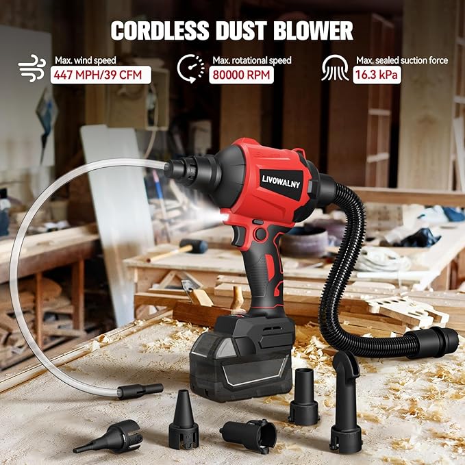 LIVOWALNY Cordless Air Pump Dust Blower Compatible with Milwaukee 18V Battery, Brushless Air Duster Compressed Air Mattress Pump w/ 3 Speeds & 7 Nozzles & 447 MPH/39 CFM for Workshop Cleaning