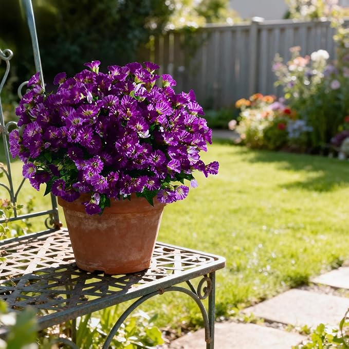 Artificial Morning Glory Flowers Plants for Outdoor 8 Pcs Faux Silk Petunias Flower Realistic Faux Flowers Plants for Outside Planter Porch Yard Patio Balcony Home Indoor Decor (8 Pcs Purple+Purple)