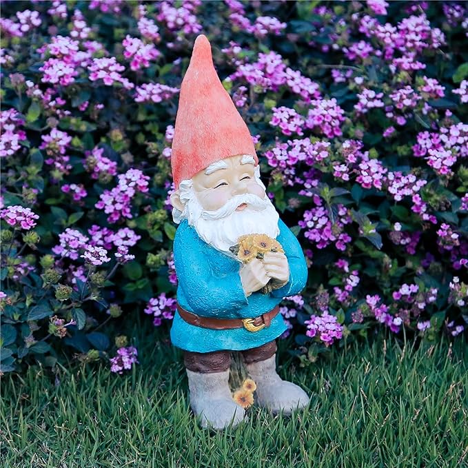 Gnome Figurine, Holding Sunflower Friendly Welcome The Master Home for Indoor Outdoor Patio Yard Lawn Decor, Polyresin 11.8" H