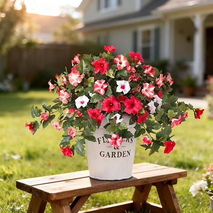 2PCS Artificial Petunia Flowers for Outdoors, Fake Flowers for Outdoor Planters UV Resistant Faux Silk Petunias for Garden Porch Yard Balcony Patio Realistic Home Kitchen Decor(Red Pink White)