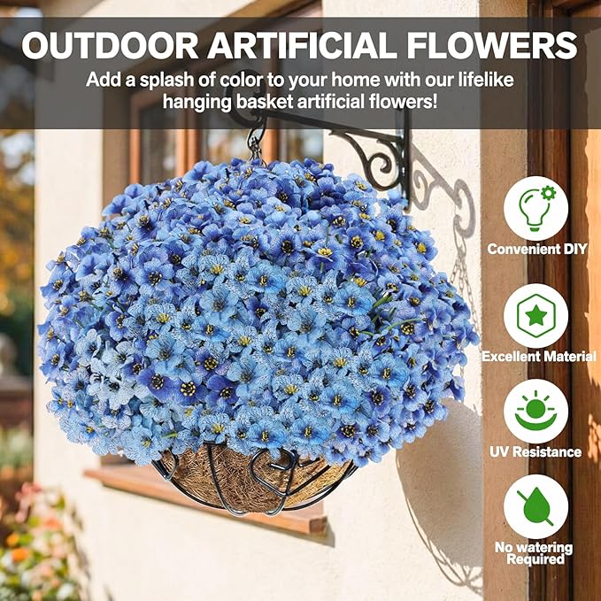 60 Pack Artificial Flowers Outdoor, Faux Silk Flowers for Outdoors Outside Front Porch Hanging Planter Window Box Garden Decoration(Blue)