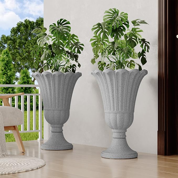 seethmi 23" Tall Planters for Outdoor Plants Set of 2, Planter with Drainage Holes and Petal Design, Large Outdoor Planters for Porch, Garden, Indoor, Grey