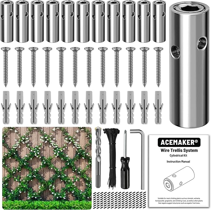 Acemaker Wire Trellis for Climbing Plants Outdoor, 12-Set Wall Wire Trellis Kit, T316 Cylindrical Espalier System for Fence and Garden DIY Projects (Hubs Only, Without Cable)