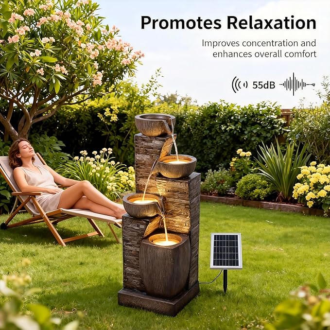 Solar Water Fountain Outdoor Garden, 38.2" Tall Stone Texture Modern Outdoor Fountain with 4 Tiers Cascading Bowls and Pump Solar Panel for Patio, Deck, Porch, Backyard Home Decor