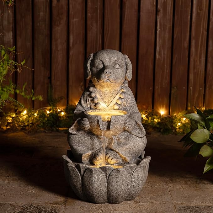 Glitzhome Water Fountain Outdoor, Outdoor Fountain with Lights&Pump, 22" H 2-Tiered Concrete Dog Statue Zen-Style Water Fountain Polyresin Water Feature for Home Patio Garden Backyard Decor
