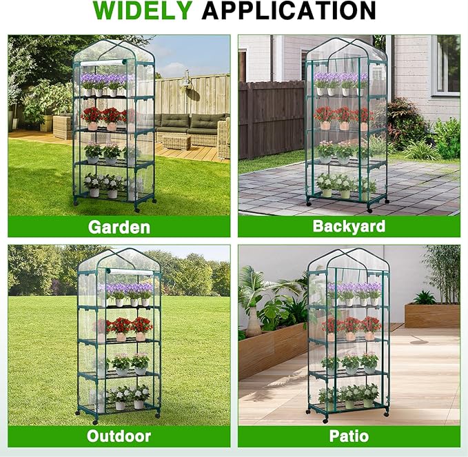Yesker Mini Greenhouse 27"x20"x63" Portable Indoor /Outdoor Small Green House with 4 Tier 4 Shelves Wheels Transparent PVC Cover Compact Greenhouse Kit for Winter Gardening Balcony Patio Backyard