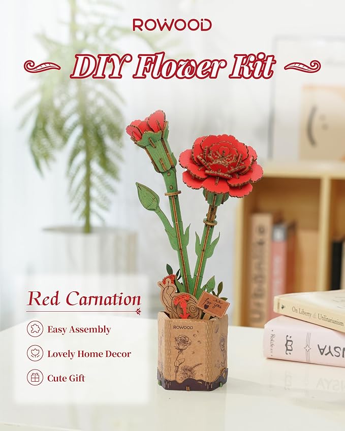 rowood 3D Puzzle Wooden Flower,DIY Artifical Flower Building Set Craft Kit for Women,Mother's Day/Valentine's Day/Teacher's Day/Thanksgiving/Christmas/Birthday Gift for Mom/Grandma-Red Carnation