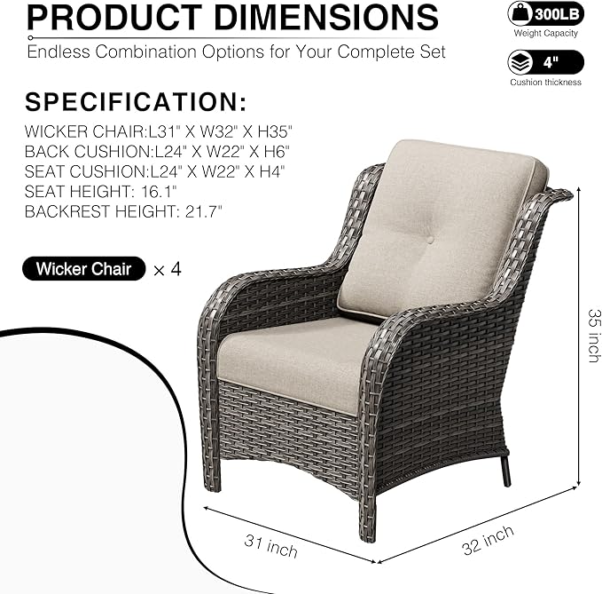 Joyside 4 Piece Wicker Patio Furniture Set, Rattan Patio Chairs with High Back, Deep Seating, Wide Armrest, Thickened Cushions, Outdoor Furniture for Deck, Porch Use
