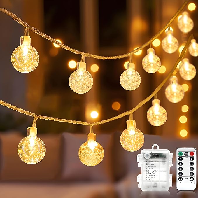 Metaku Globe String Lights Fairy Lights Battery Operated 16.4ft 50LED String Lights with Remote Waterproof Indoor Outdoor Hanging Lights Decorative Christmas Lights for Home Party Patio Garden Wedding