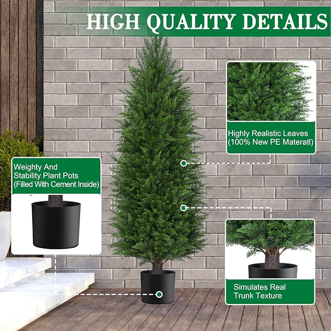 AOKIIE 5FT Artificial Topiary Cedar Plants Outdoor, Faux Pine Trees UV Resistant and Potted, 72 Inch Tall Fake Shrubs Evergreen for Front Porch Decor Set of 2
