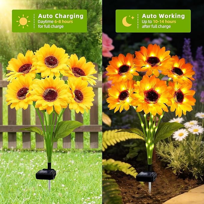 Solar Sunflower Lights Outdoor Garden Yard Decor Waterproof, 2 Pack with 12 Sunflowers Lights, Flowers Decorations Christmas Birthday Gifts for Mom Women Grandma