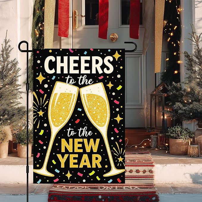 Cheers to the New Year Garden Flag 12x18 Inch Double Sided New Year Garden Banner Outdoor Yard Decor Black Gold Champagne Toast Party Decoration Lawn Flag