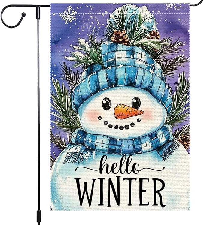 Hello Winter Snowman Garden Flag 12x18 Inch Double Sided Burlap Holiday Yard Decoration with Blue Knit Hat and Scarf Pinecone Snowflakes Outdoor Welcome Banner
