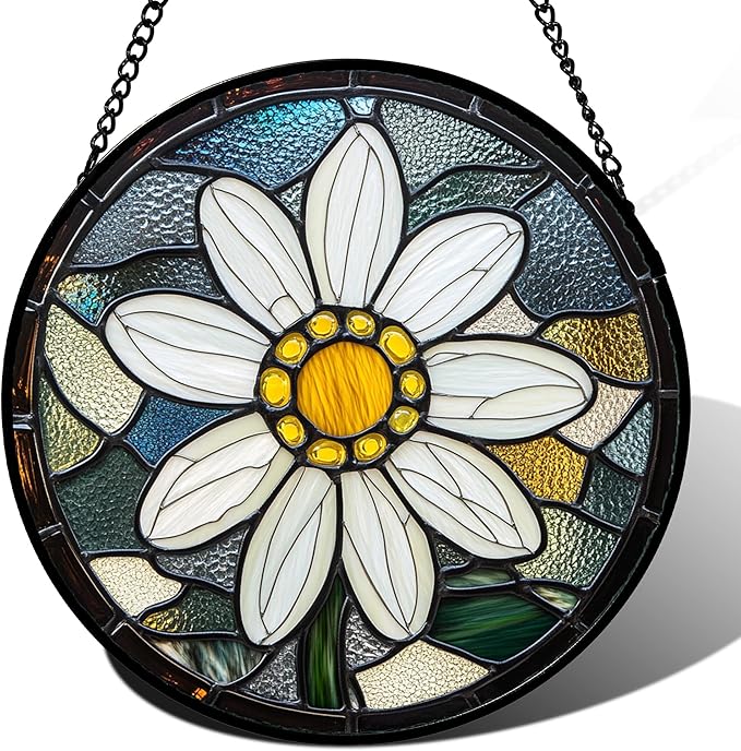HWRHTR Stained Glass Window Hanging - Yellow White Daisy Birth Flower Suncatcher for Door Garden Yard Sun Catchers Decor Christmas Mother's Day Birthday Gifts for Teacher Women Mom Nana 11.8 in