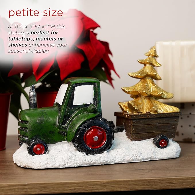 Alpine Corporation 7" Tall Holiday Green Tractor Pulling Gold Tree Statue with Warm White LED Lights, Christmas Decoration for Tabletop, Shelf, Mantel, or Entryway Display
