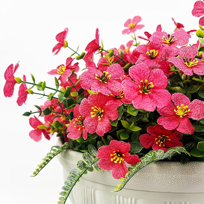 Pinenoya Artificial Faux Plants Flowers Outdoor Decoration,16 Bundles Fake Silk Colorful Daisy Eucalyptus Realistic UV Resistant for Outside Home Planter Porch Patio Yard Decor (Red)