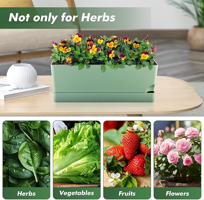 4 Pack Self Watering Pots for Indoor Plants 17 Inches Window Boxes Planters Rectangular Flower Pots Rectangle Herb Pots Large Plant Pots with Drainage Holes and Saucers Windowsill Planter, Green