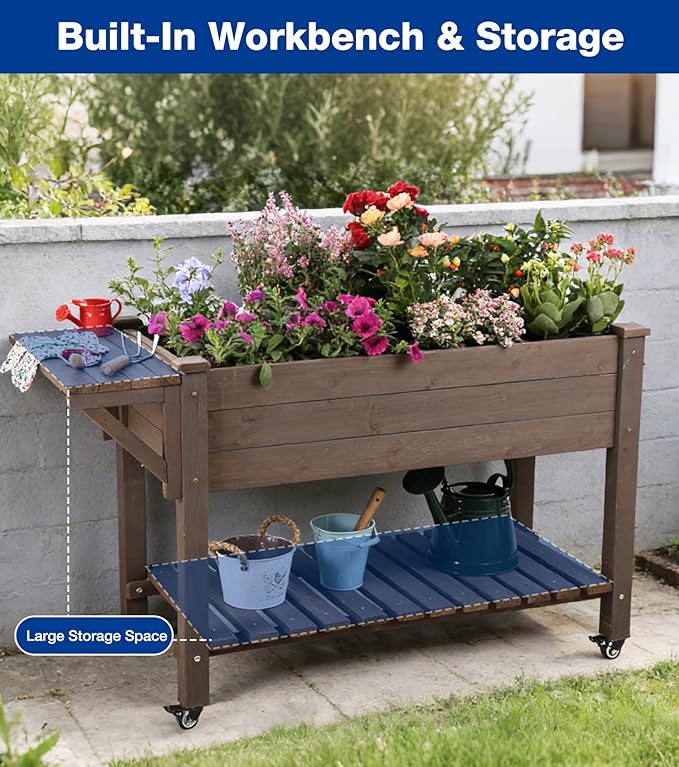 Raised Garden Bed Outdoor with Wheels, 52.7" Elevated Wooden Garden Bed with 8 Planter Boxes, Removable Dividers, Storage Shelf, Standing Mobile Planter with Non-Woven Liner