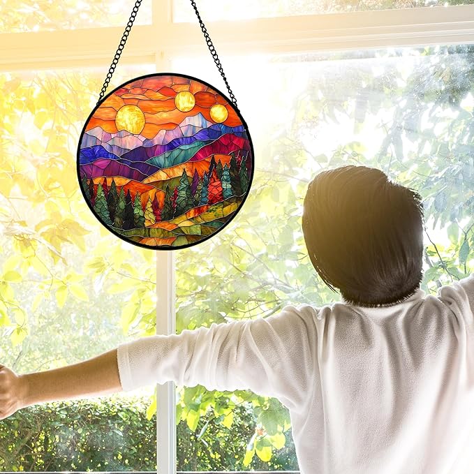 DASTOLL Stained Glass Window Hanging, Sunset Abstract Sun Catchers Colorful Glass Panel Landscape Suncatcher Decor for Birthday for Women, Men, Wife, Aunt, and Mom 7.8 in
