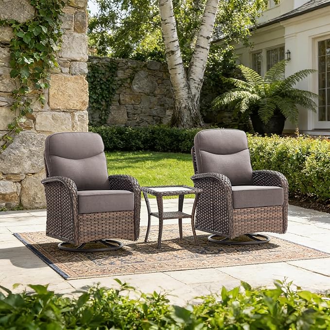 Luxury Outdoor Swivel Rocker Patio Chairs with 6-Inch Thick Cushions, High Back Swivel Glider Patio Chairs, 3PCS Wicker Outdoor Furniture Set for Porch, Patio, Yard, Deck, Poolside, Brown/Grey