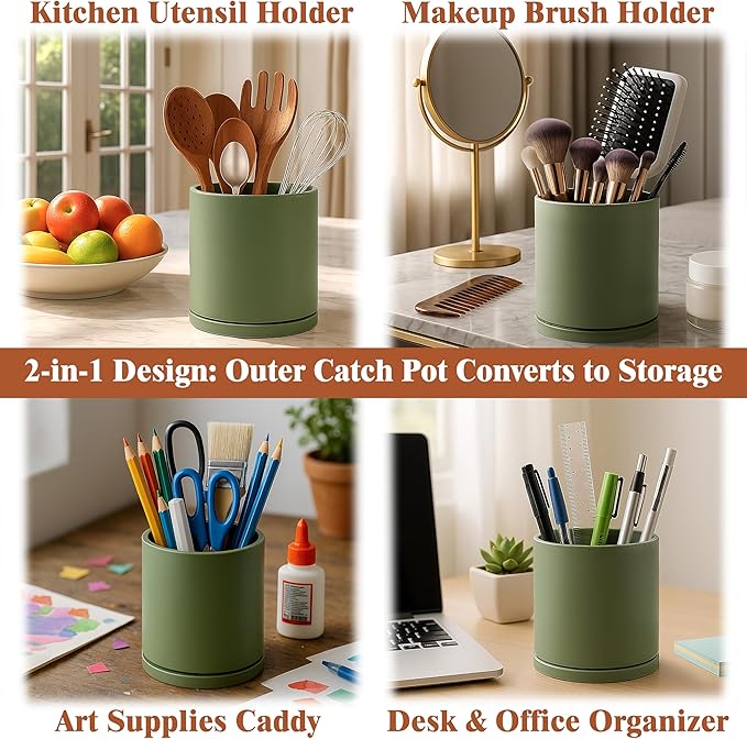 D'vine Dev Double-Layer Planter Set – Rotating Plastic Cachepot with Clear Inner Liner for Root Health, Perfect for Indoor Plants, 6.5", Olive, 73-U-C-2