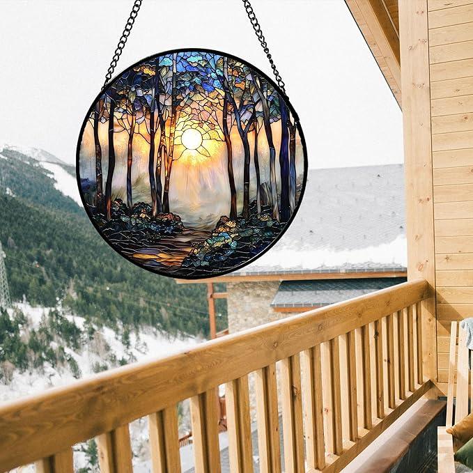 DASTOLL Stained Glass Window Hanging, Forest Sunrise Smoke Blue Brown Tree Suncatcher for Doors Window Home Landscape Sun Catchers Decor Mother's Day Birthday Gifts for Women, Men Mom 15 in