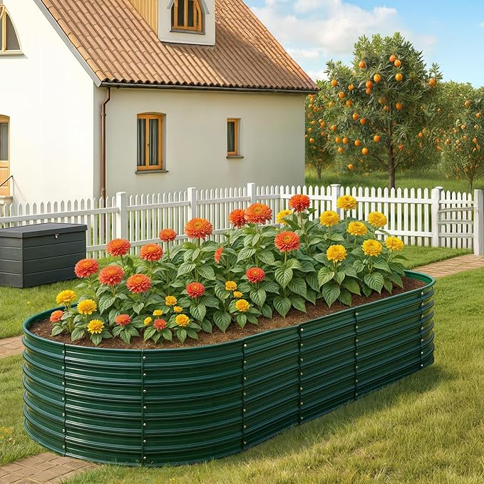 VINGLI 8x4x2ft Galvanized Raised Garden Beds, Oval Planter Boxes Outdoor, Raised Garden Bed for Gardening, Easy Assembly Planter Boxes for Vegetables (Green)