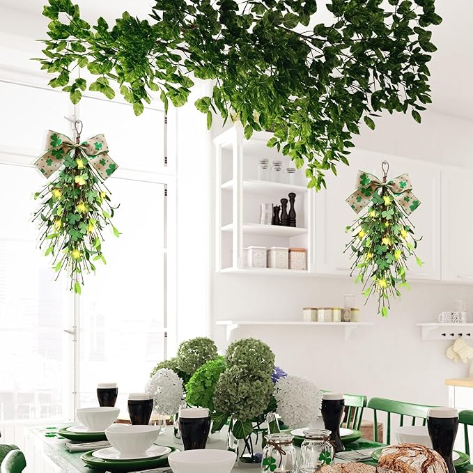 2 PCS St.Patrick's Day Swag Wreath for Front Door Artificial Shamrock Teardrop Swags Wreath Lucky Irish Kitchen Cabinet Wreaths for Home Indoor Outdoor Porch Wall Window Fireplace Mantel Decoration