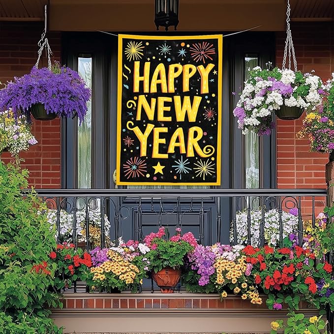 Happy New Year House Flag 28x40 Inch Double Sided Garden Flag Colorful Fireworks Gold Letter Design Winter Holiday Yard Banner Large Outdoor Polyester Flag for Porch Lawn Home Decoration