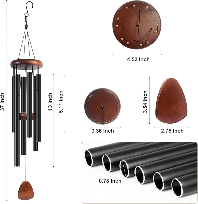 Bursvik Large Aluminium Wind Chimes 37" Inches to Create a Zen Atmosphere Suitable for Outdoor, Garden, Patio Decoration Wind Chimes with Wind Catcher Suitable as A Gift for Unisex(2 Pack Black)