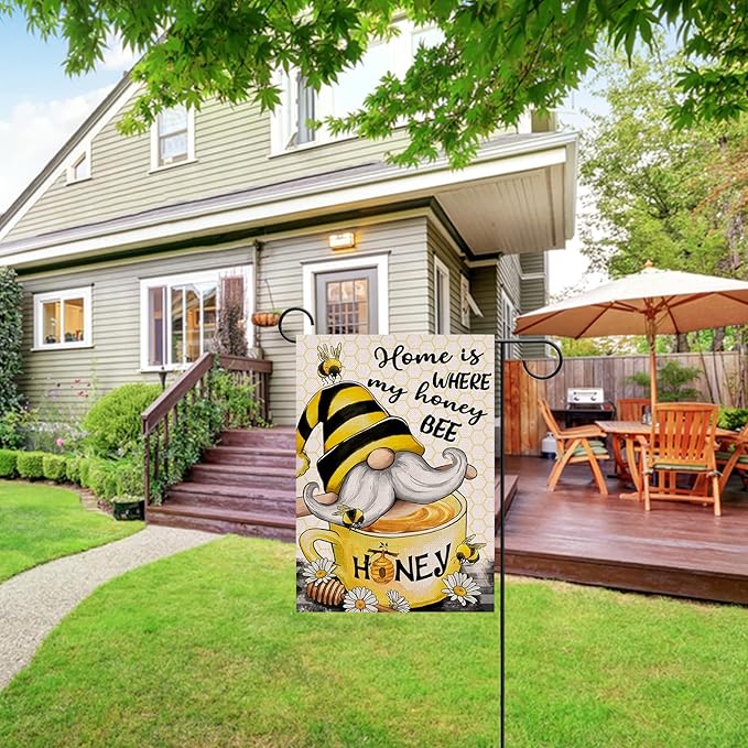 Artofy Home is Where My Honey Bumble Bee Gnome Decorative Garden Flag, House Yard Spring Summer Outside Decor, Outdoor Small Burlap Decoration 12x18