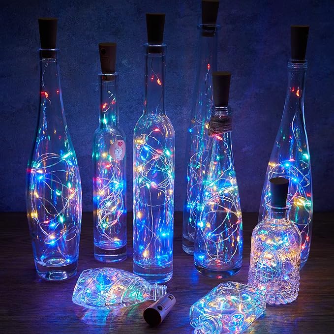 Wine Bottle Lights with Cork, Twinkle Lights 10 Pack 20 LED Waterproof Battery Operated Cork Lights, Silver Wire Mini Fairy Lights for Liquor Bottles DIY Party Christmas Wedding Décor Multicolor