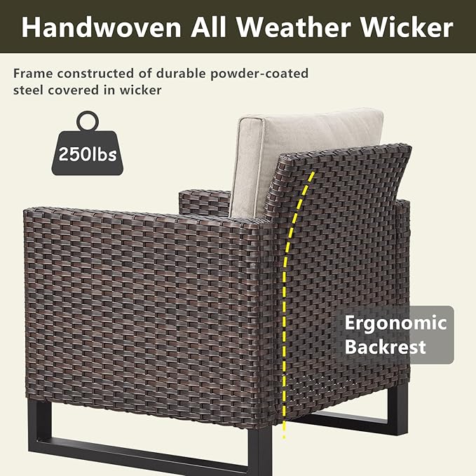 Rilyson Wicker Outdoor Patio Furniture Set - 5 Piece Patio Conversation Set with 2 Wicker Armrest Chairs,2 Rattan Ottoman and 1 Couch for Outside Porch Deck Backyard Garden(Brown/Beige)