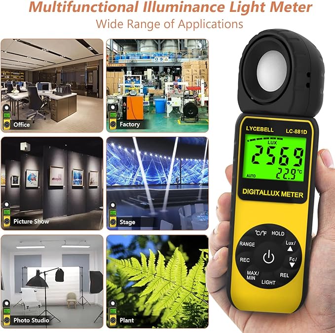 LYCEBELL Digital Illuminance Light Meter, LC-881D Luxmeter Range up to 400,000 Lux with 270º Rotated Date Hold Max/Min Backlit for Photography Plant LED Light