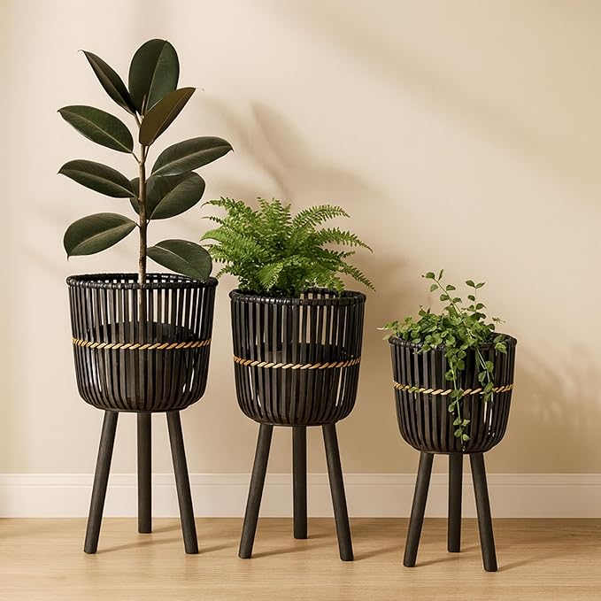 Decorative Bamboo Footed Planters for Home Decor - Garden Plant Pots for Indoor Living Room Decor or Outdoor Patio Areas - Flower Pots for Entryway and Backyard - Set of 3, 27", 23", 19", Black