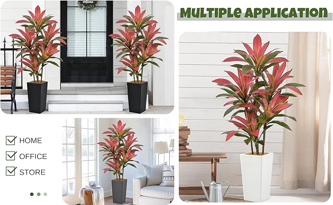Roselywed Artificial Red Dracaena Tree 5FT with 90 Leaves & 6 Heads & Gray Tall Planter Cover with Coconut Fiber Tall Faux Tropical Silk Bicolor Plant 60 Inch for Indoor Home Office Porch Mall Decor
