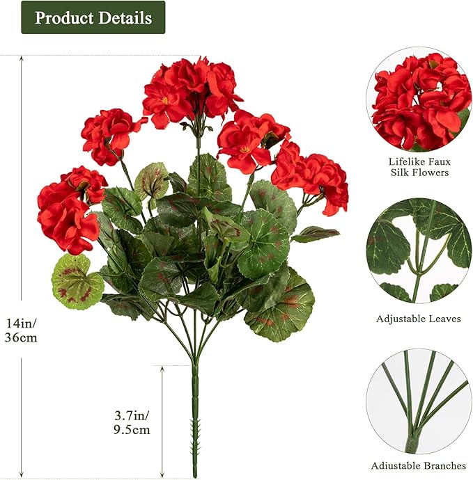 Uqueeten 4pcs Fake Flower Artificial Geranium,Artificial Flowers for Outdoors ，Geraniums Artificial Flowers Realistic,Artificial Geraniums for Outdoors Fake Plant Decoration(Red) 14.4"
