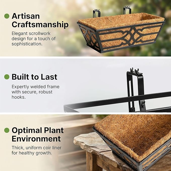 Railing Planter Box, Window Planter Boxes Outdoor 4 Pack 16 Inch Hanging Planter with Adjustable Bracket for Porch, Fence Flower Baskets with Coco Liners