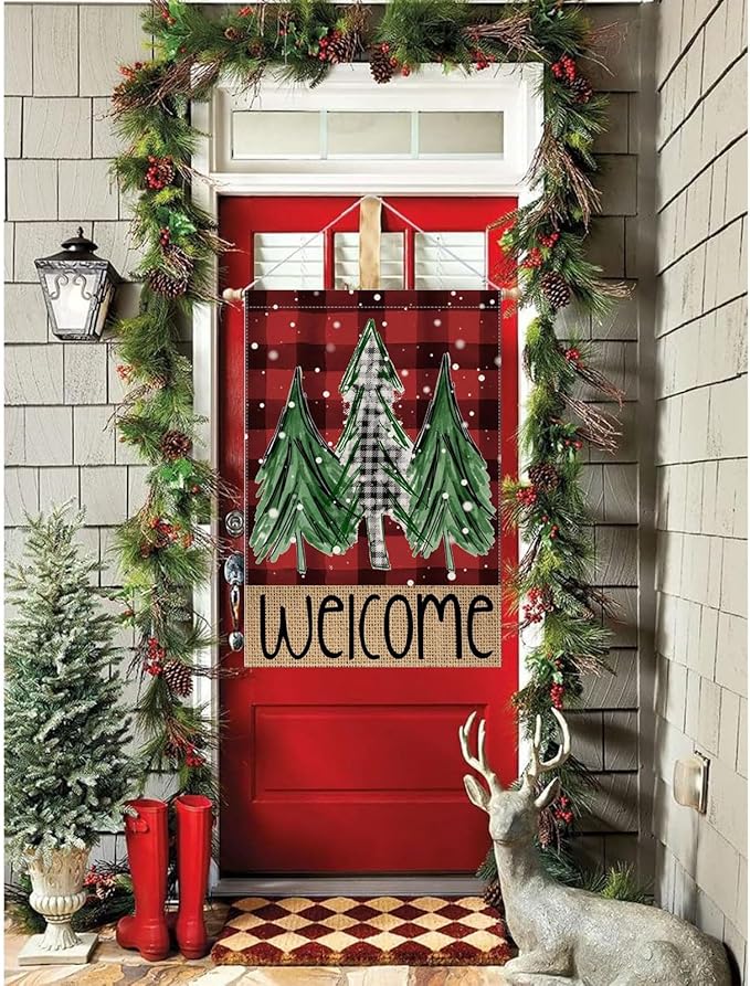 Welcome Red Buffalo Plaid Christmas Trees Garden Flag 28 x 40 Inch Vertical Double Sided Buffalo Plaid Red Holiday Yard Outside Xmas Decor House Flag