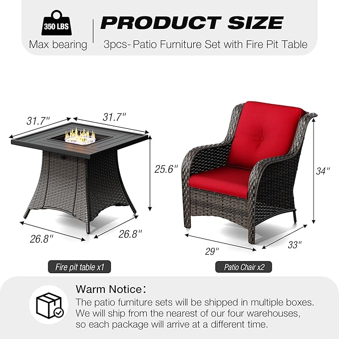 Joyside 3 Piece Wicker Patio Furniture Set with Fire Pit Table, Rattan Patio Chairs with High Back, Deep Seating, Wide Armrest, Thickened Cushions, Outdoor Furniture for Deck, Porch Use