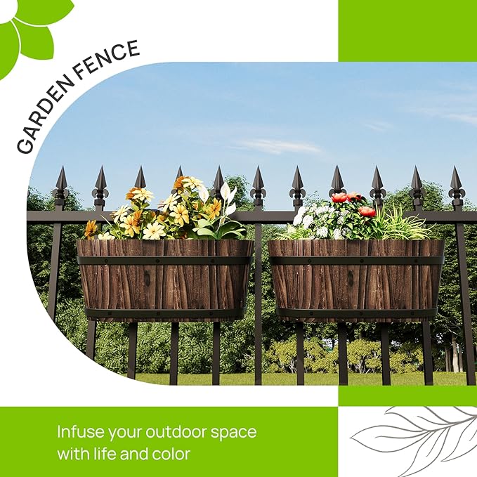 Wooden Hanging Planter for Railing Fence Outdoor Planter Railing Planter Boxes for Plants Wall Planters Window Flower Box Hanging Bucket Pots Countryside Plant Holder (Carbonized,2pcs,Large)