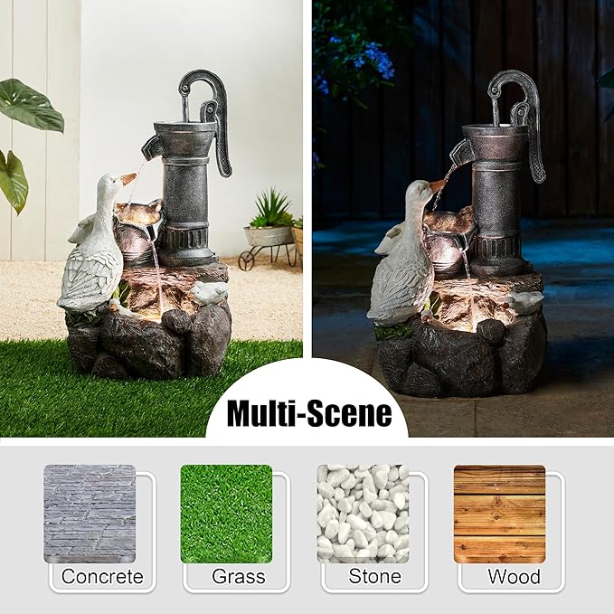 Glitzhome Cute Duck Family Playing Fountain Polyresin Outdoor Decoration with Pump and LED Light, 23.50" H