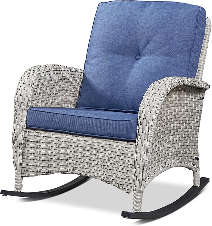 Belord Patio Rocking Chair Wicker Chair, 1 Piece Outdoor Rocking Chair Seating with Cushions for Porch Deck Balcony, Light Beige/Blue