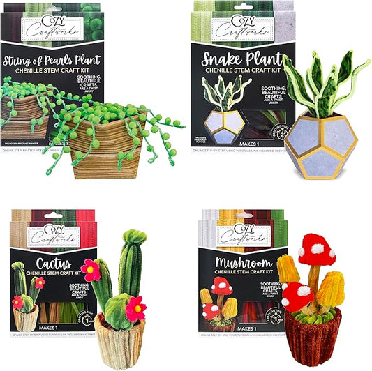 WeVeel Cozy Craftworks Chenille Stem Plant Craft Kit for Adults – Create 4 Botanical Designs (String of Pearls, Snake Plant, Cactus & Mushroom) – Relaxing DIY Arts & Crafts Kit with All Supplies