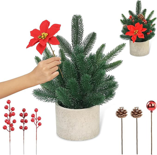 12.6 inch Small Christmas Tree Artificial Potted Plants Green Pine Small Fake Plants with Red Poinsettia Berries Pine Cones Christmas Ball for Home Office Desk Xmas Decorations and Gift Giving