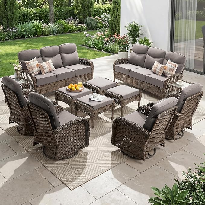 Outdoor Swivel Rocking Chair Patio Set (12pcs) High-Back - Thick Cushion Swivel Rocking Chair Patio with Sofa Set, All-Weather Wicker Patio Furniture Set, Suitable for Balcony Patios, Brown/Gery