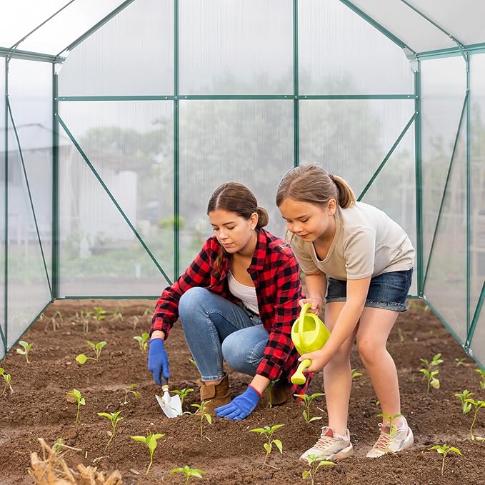 VINGLI Greenhouse, 6x8 FT Heavy Duty Polycarbonate Greenhouse with 5 Roof Vents, Aluminum Frame, Sliding Doors, Green