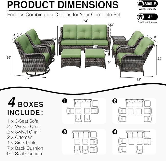 Joyside 8 Piece Wicker Patio Furniture Set, Outdoor Swivel Rocker Patio Chairs with High Back, Deep Seating, Wide Armrest, Thickened Cushions, Outdoor Furniture for Deck, Porch Use