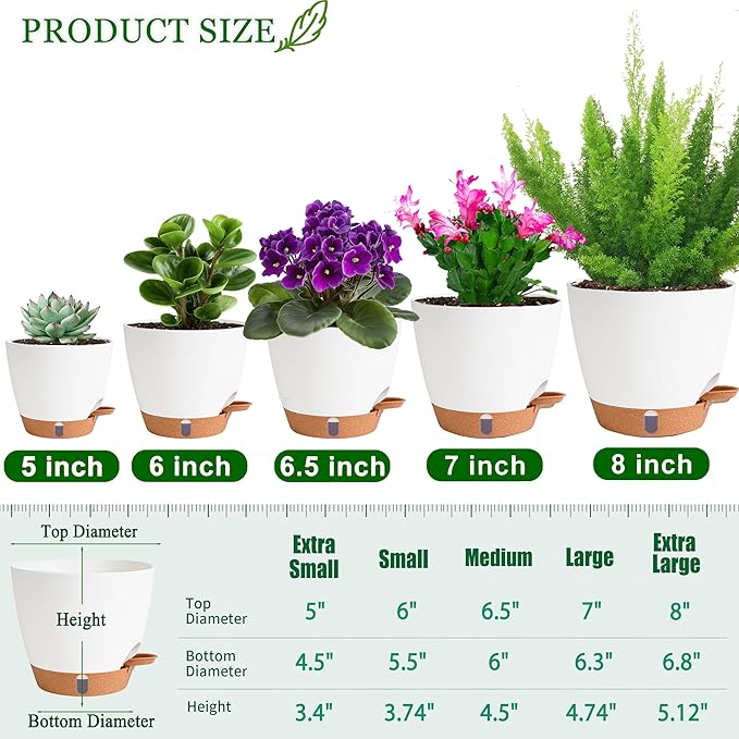 Fielda Self Watering Pots for Inoor Ourdoor Plants 8/7/6.5/6/5 Inch Plastic Planters with Drainage Holes & Water Level Indicator, Decorative House Flower Nursery Planting Pots with Saucers (White)